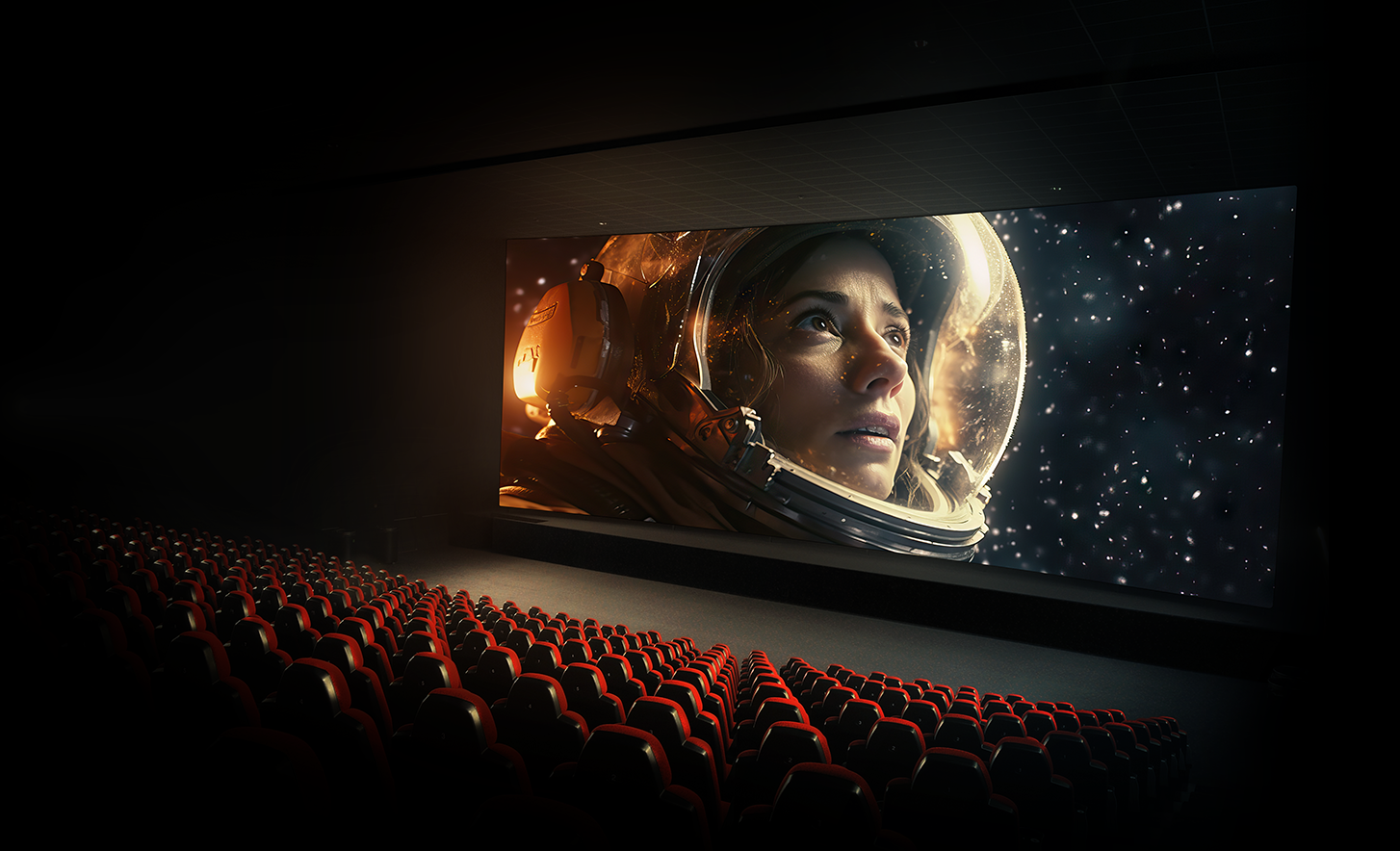 Vista de un cine con filas de asientos rojos y una pantalla de cine con un astronauta en el espacio exterior.