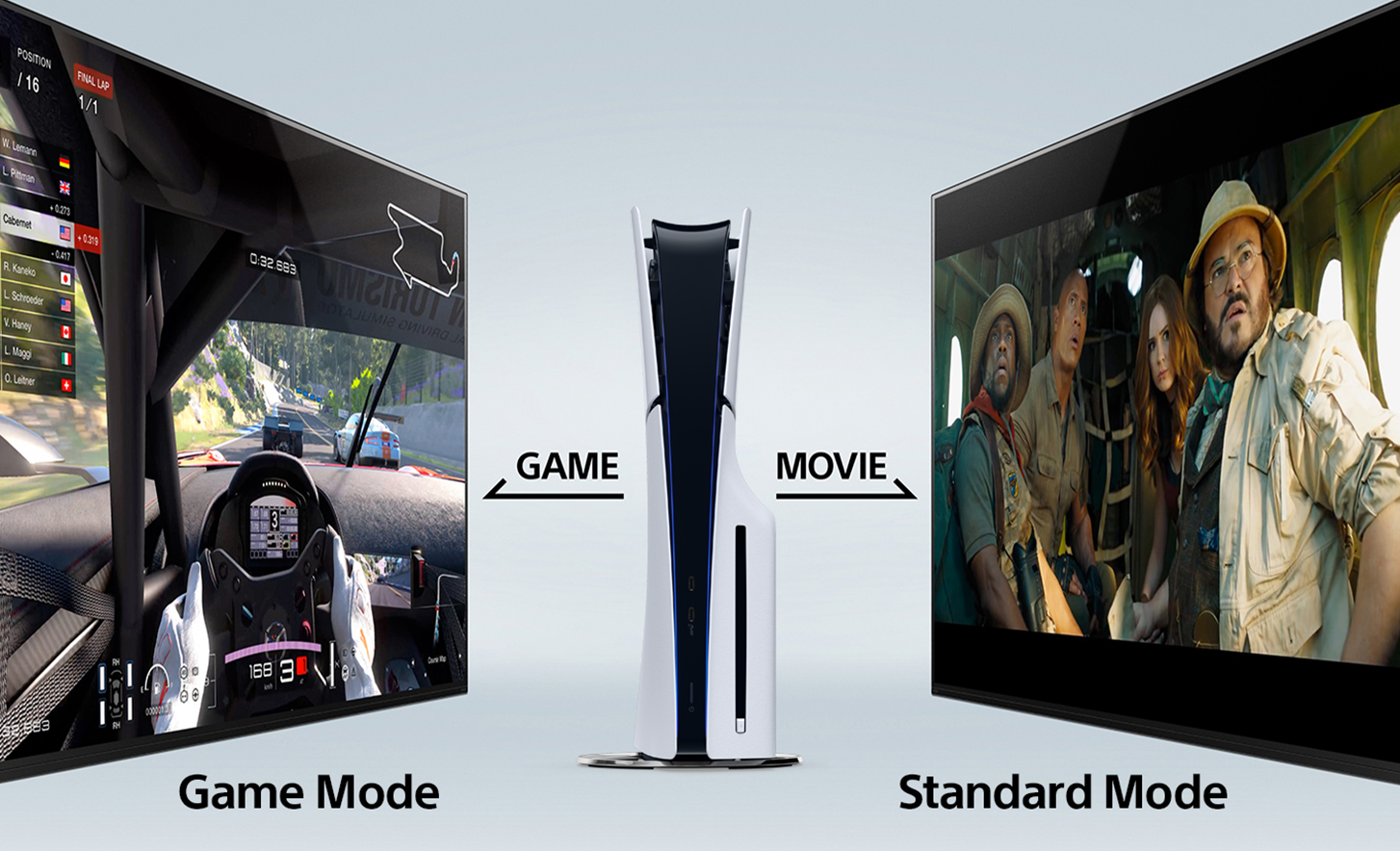 Dos TV BRAVIA con una PS5™ en el medio. A la izquierda se ve con el modo de juego. A la derecha se ve sin el modo de juego.