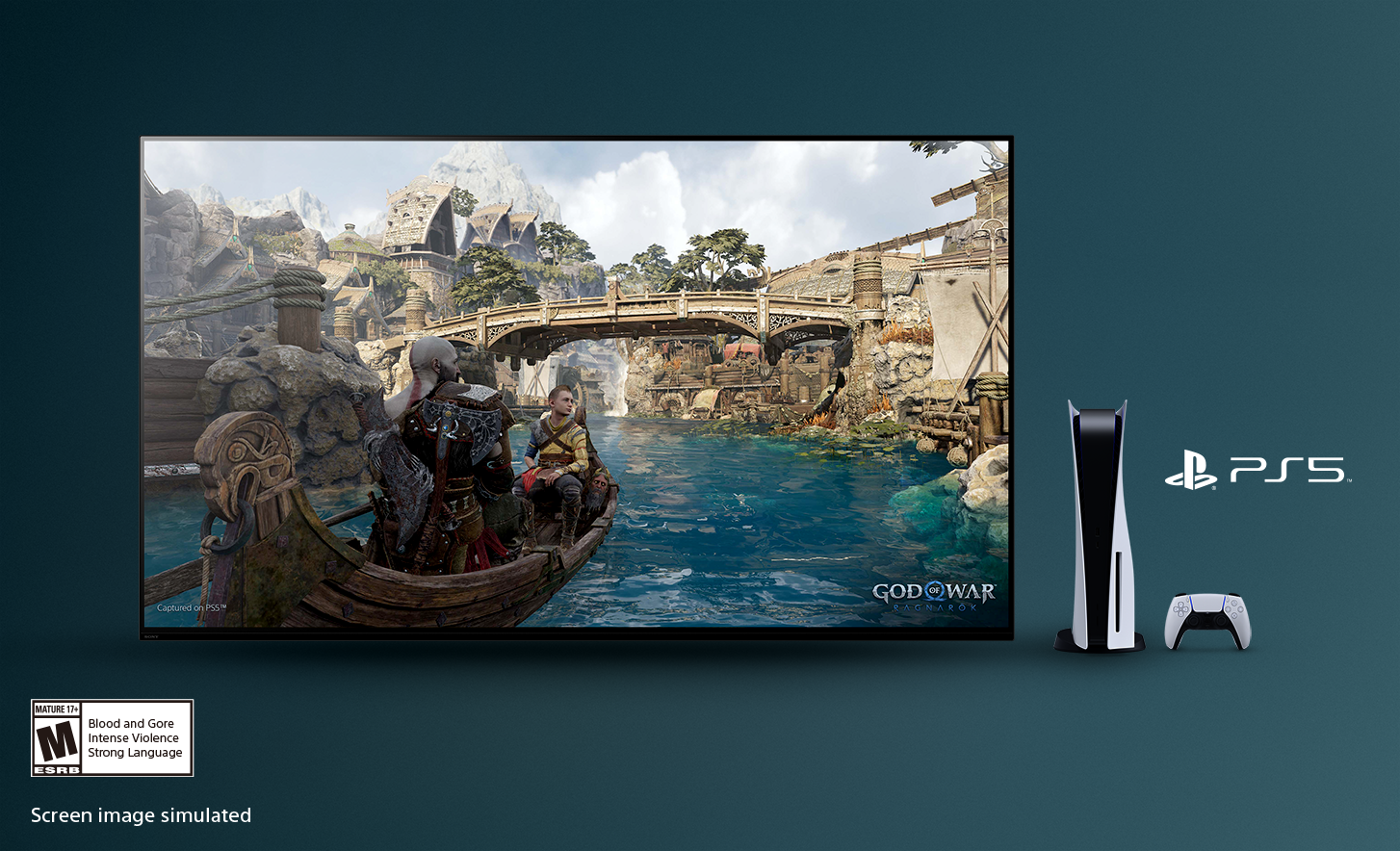 Televisor BRAVIA con imagen de God of War: Ragnarök en la que se muestra un barco en un río y un puente de fondo con una consola PS5™, un control y el logotipo de PS5™ a la derecha del televisor